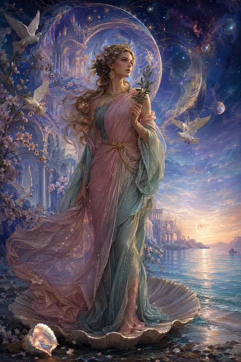 Celestial surrealism interpretation of Aphrodite with myrtle, doves and an opalescent shore.