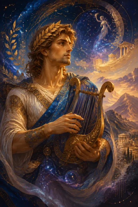 Celestial surrealism interpretation of Apollo with a lyre, laurel leaves and a mountain sanctuary.