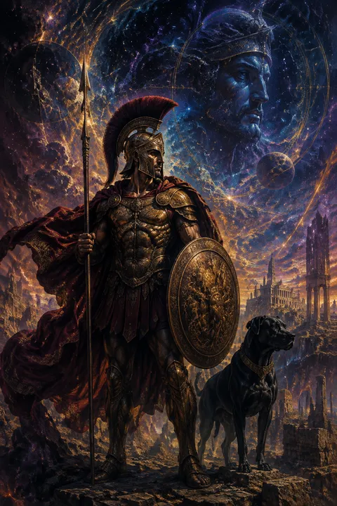 Celestial surrealism interpretation of Ares with a bronze helmet, spear and round shield.