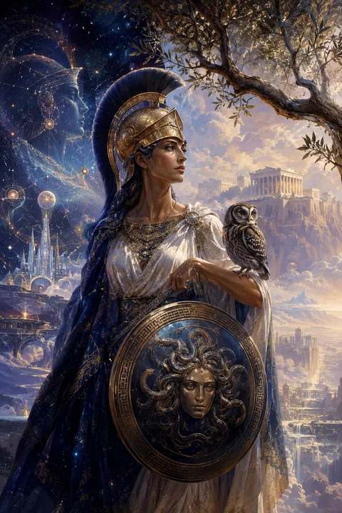 Celestial surrealism interpretation of Athena with an owl, a crested helmet and olive branches.