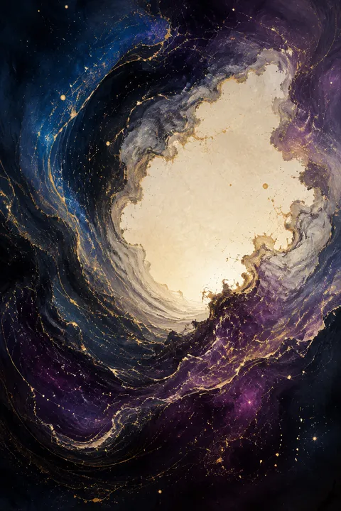 Celestial surrealism interpretation of Chaos with a primordial chasm and the first threads of light.