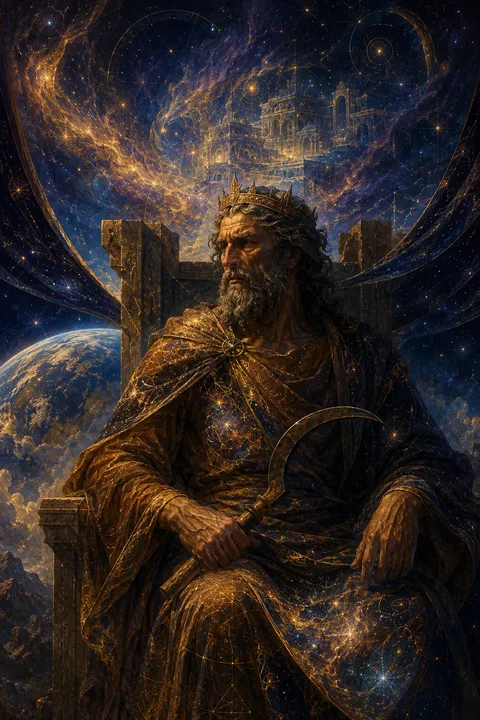 Celestial surrealism interpretation of Cronus with a curved sickle and a stark stone throne.