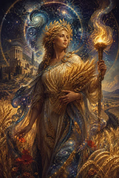 Celestial surrealism interpretation of Demeter with wheat, poppies and a glowing torch.
