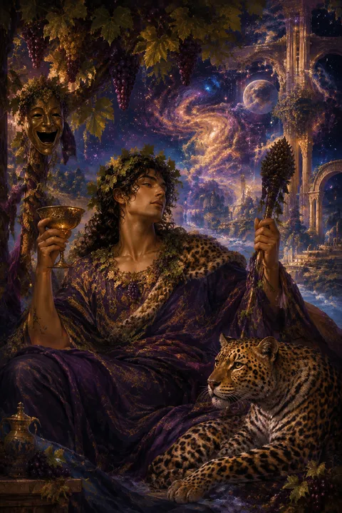 Celestial surrealism interpretation of Dionysus with ivy, grapes, a thyrsus and a theatre mask.