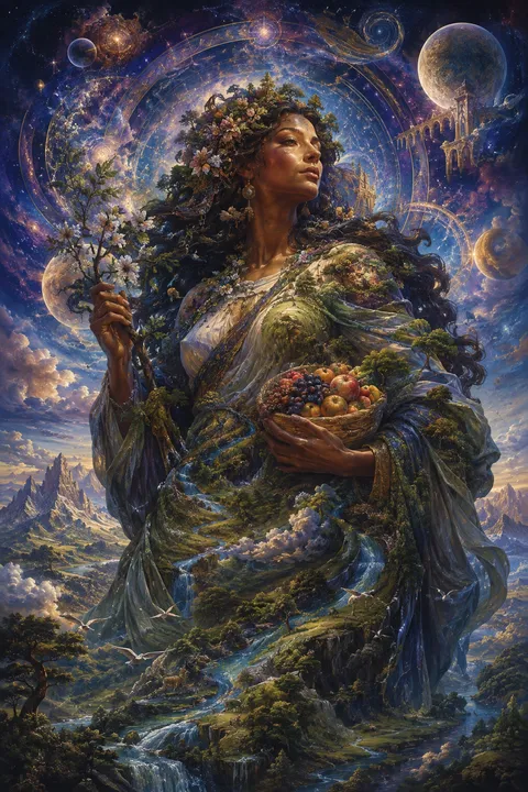 Celestial surrealism interpretation of Gaia with fruit, mountains and a living forest.