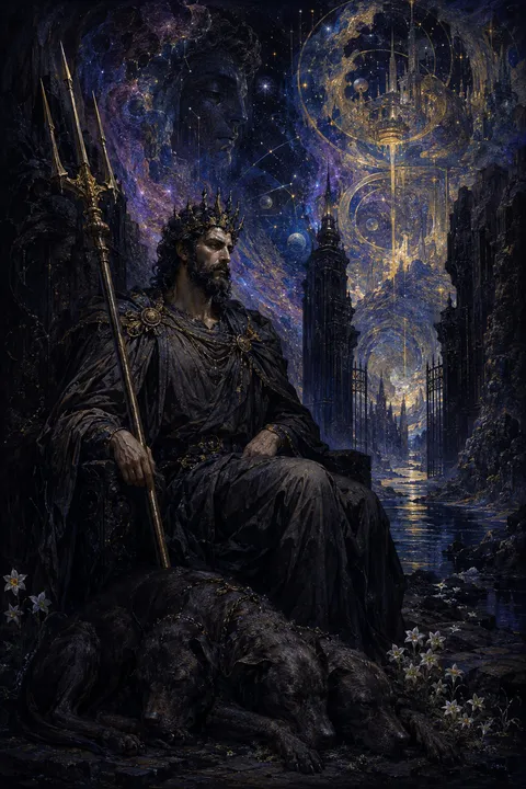 Celestial surrealism interpretation of Hades with a bident, an underground river and three-headed Cerberus.