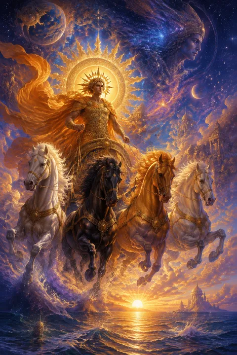 Celestial surrealism interpretation of Helios with a radiant crown and a four-horse sun chariot.