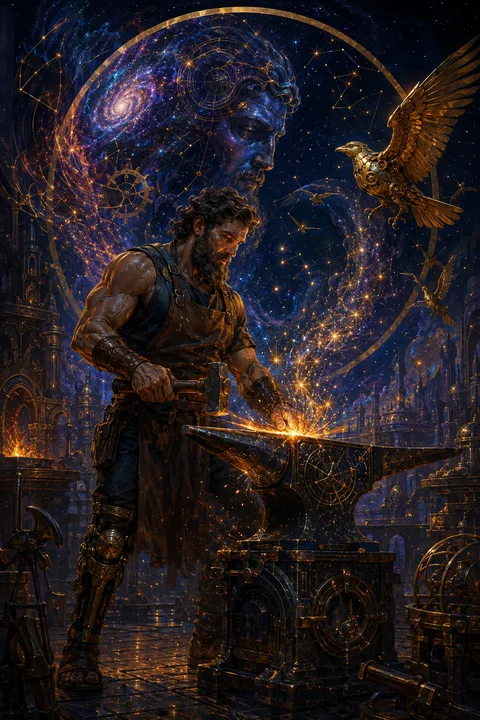 Celestial surrealism interpretation of Hephaestus with an anvil, a hammer and intricate bronze inventions.