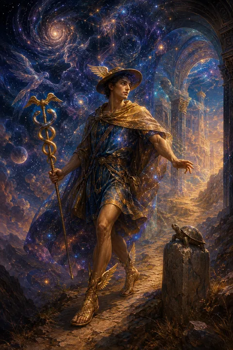 Celestial surrealism interpretation of Hermes with winged sandals, a herald’s staff and a tortoise.