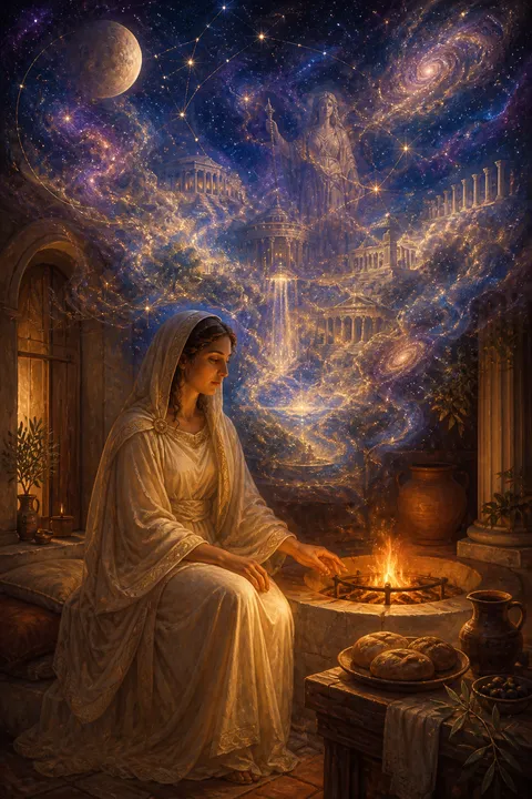 Celestial surrealism interpretation of Hestia with a steady hearth flame, bread and terracotta vessels.