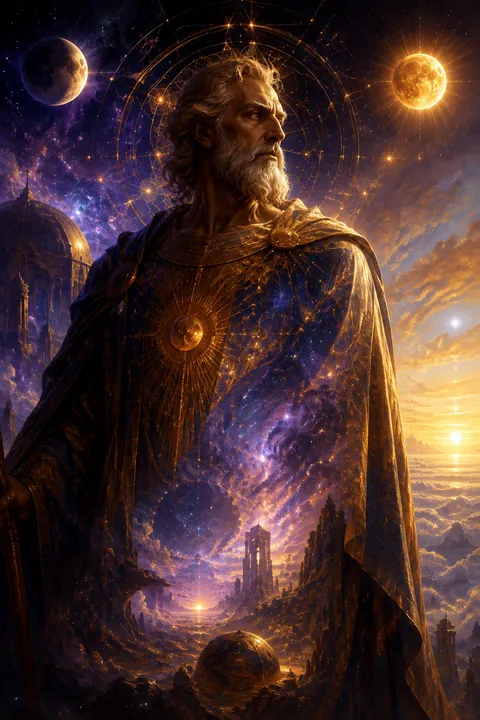 Celestial surrealism interpretation of Hyperion with three celestial lights and a vast dawn horizon.