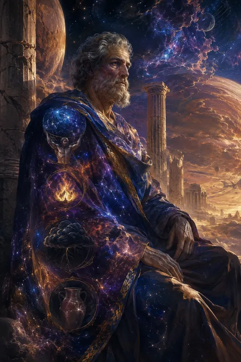 Celestial surrealism interpretation of Iapetus with colossal stone columns and symbols of his Titan family.