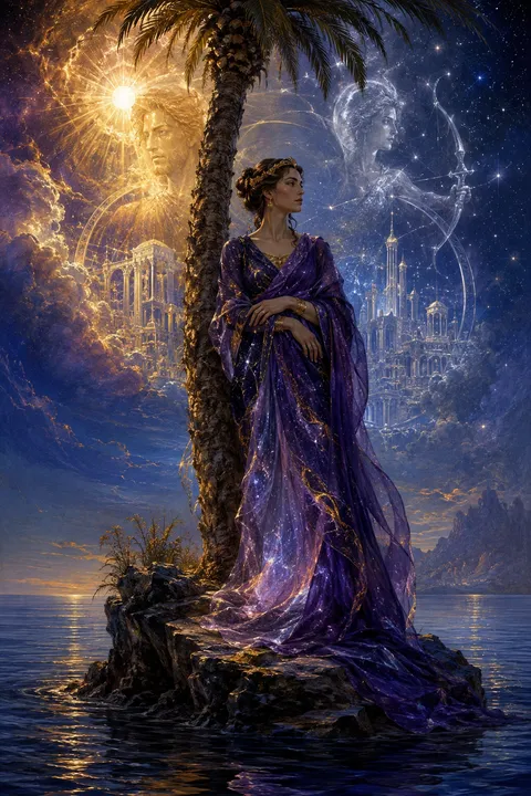 Celestial surrealism interpretation of Leto with a palm tree, an island refuge and twin lights.