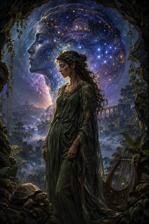 Celestial surrealism interpretation of Maia with an Arcadian cave, a tortoise and distant stars.