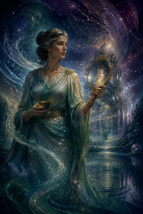 Celestial surrealism interpretation of Metis with a medicinal cup, a mirror and winding water.