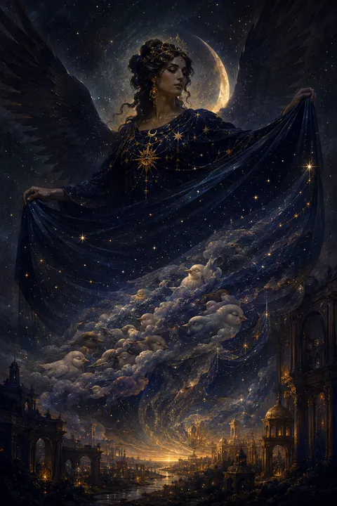 Celestial surrealism interpretation of Nyx with a star-filled veil and dark wings.