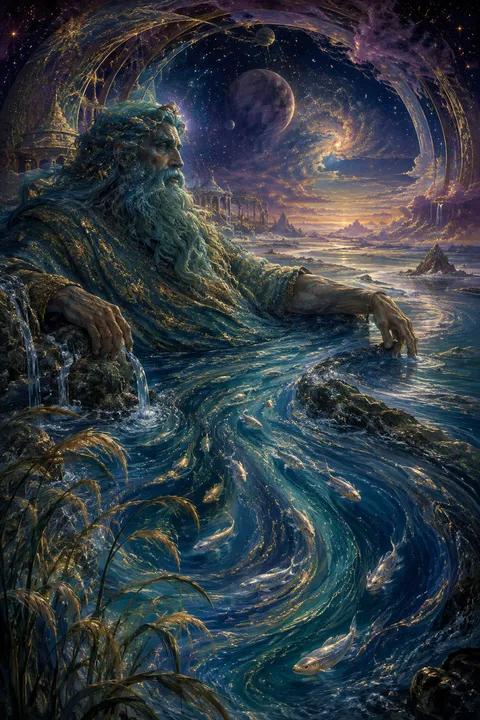 Celestial surrealism interpretation of Oceanus with an encircling river, reeds and silver fish.