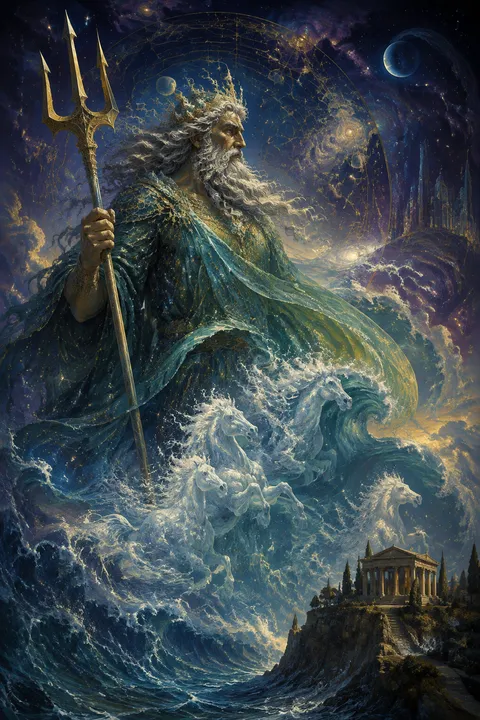 Celestial surrealism interpretation of Poseidon with a trident, breaking waves and sea-foam horses.