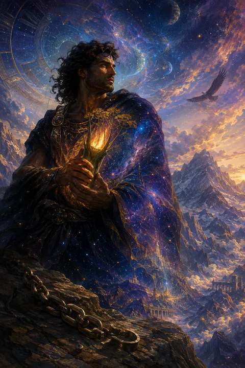 Celestial surrealism interpretation of Prometheus with a fennel stalk carrying fire and a mountain chain.