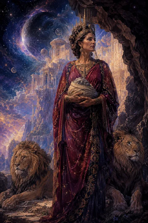 Celestial surrealism interpretation of Rhea with lions, a mountain cave and a wrapped stone.