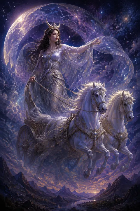 Celestial surrealism interpretation of Selene with a crescent diadem and a moonlit chariot.