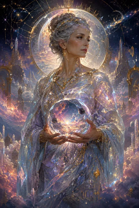 Celestial surrealism interpretation of Theia with crystals, gold veins and refracted celestial light.