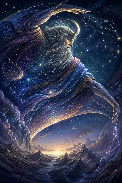 Celestial surrealism interpretation of Uranus with a starry celestial dome above mountains.