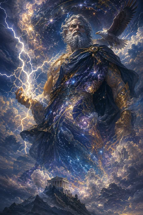 Celestial surrealism interpretation of Zeus with an eagle and branching lightning.