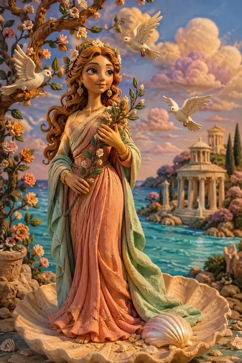 Clay miniatures interpretation of Aphrodite with myrtle, doves and an opalescent shore.