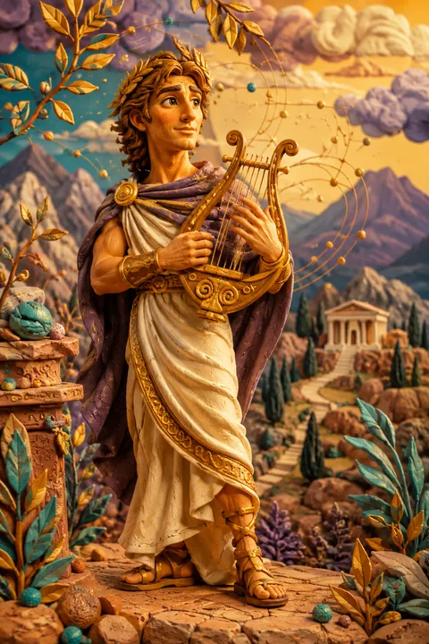 Clay miniatures interpretation of Apollo with a lyre, laurel leaves and a mountain sanctuary.