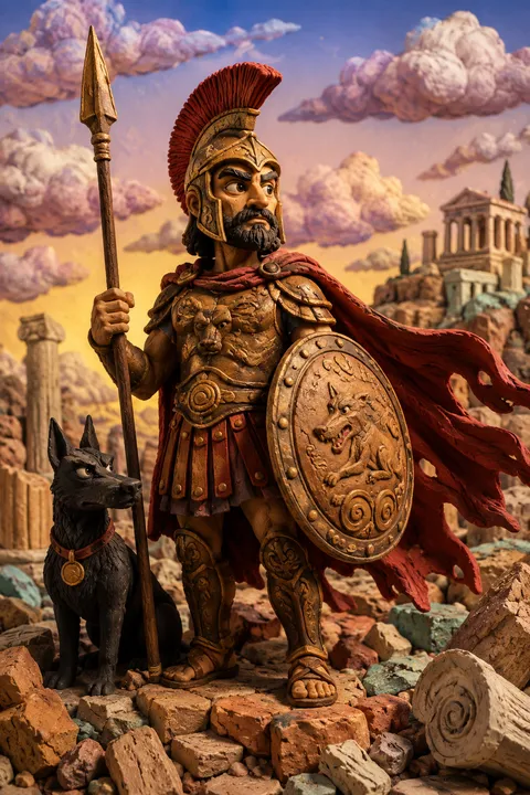 Clay miniatures interpretation of Ares with a bronze helmet, spear and round shield.