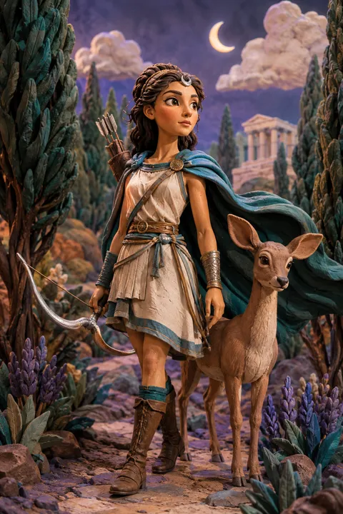 Clay miniatures interpretation of Artemis with a bow, a deer and a wild cypress forest.