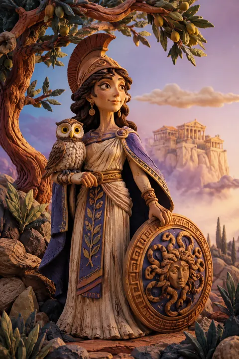 Clay miniatures interpretation of Athena with an owl, a crested helmet and olive branches.