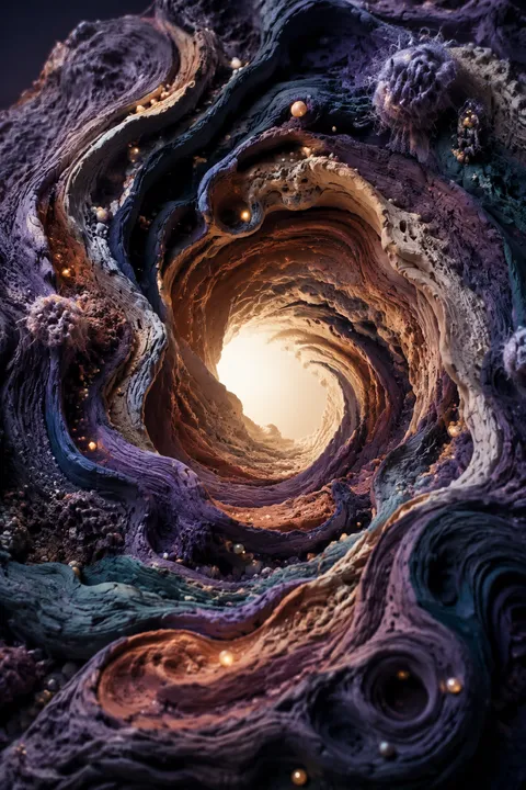 Clay miniatures interpretation of Chaos with a primordial chasm and the first threads of light.