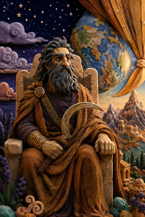 Clay miniatures interpretation of Cronus with a curved sickle and a stark stone throne.