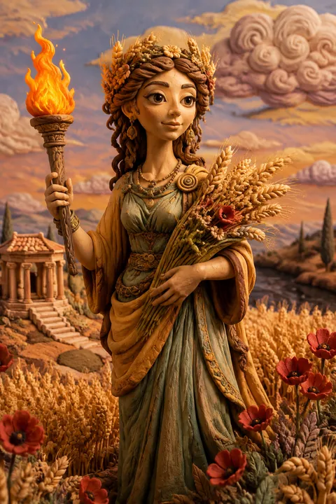 Clay miniatures interpretation of Demeter with wheat, poppies and a glowing torch.