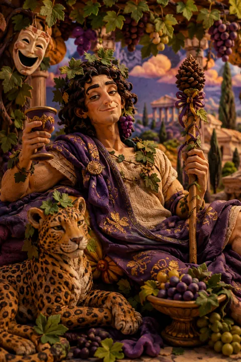 Clay miniatures interpretation of Dionysus with ivy, grapes, a thyrsus and a theatre mask.