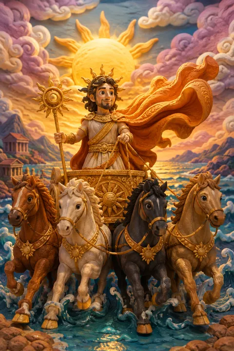 Clay miniatures interpretation of Helios with a radiant crown and a four-horse sun chariot.