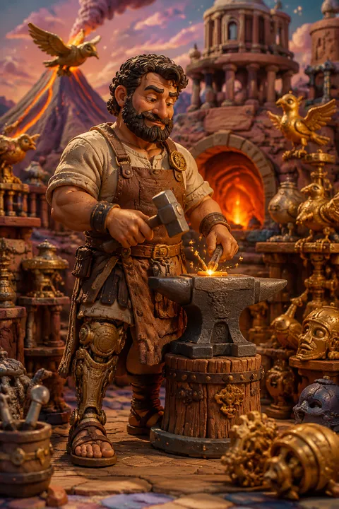 Clay miniatures interpretation of Hephaestus with an anvil, a hammer and intricate bronze inventions.