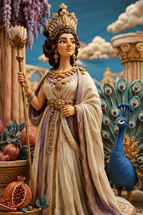 Clay miniatures interpretation of Hera with a peacock, a crown and a royal scepter.