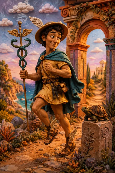 Clay miniatures interpretation of Hermes with winged sandals, a herald’s staff and a tortoise.