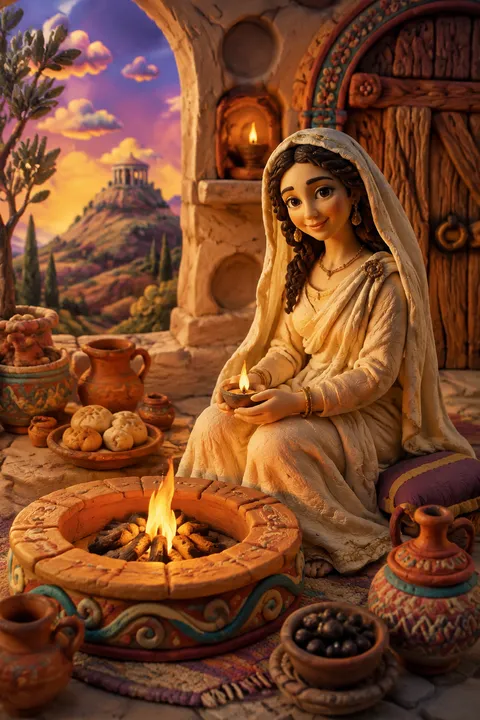 Clay miniatures interpretation of Hestia with a steady hearth flame, bread and terracotta vessels.