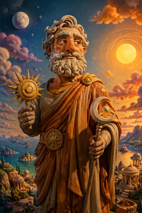 Clay miniatures interpretation of Hyperion with three celestial lights and a vast dawn horizon.