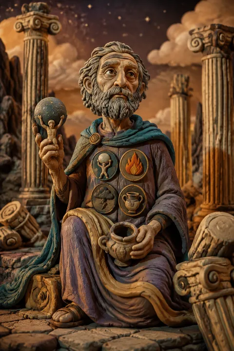 Clay miniatures interpretation of Iapetus with colossal stone columns and symbols of his Titan family.
