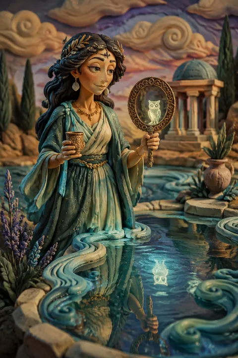 Clay miniatures interpretation of Metis with a medicinal cup, a mirror and winding water.