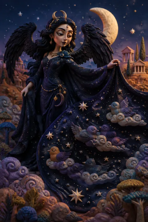 Clay miniatures interpretation of Nyx with a star-filled veil and dark wings.