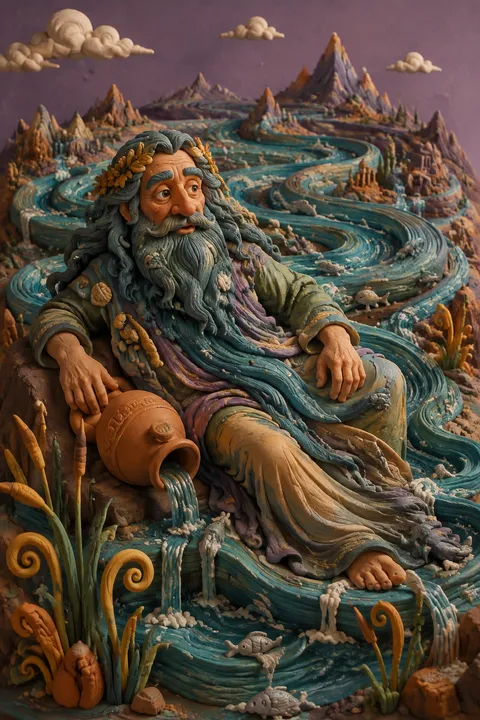 Clay miniatures interpretation of Oceanus with an encircling river, reeds and silver fish.