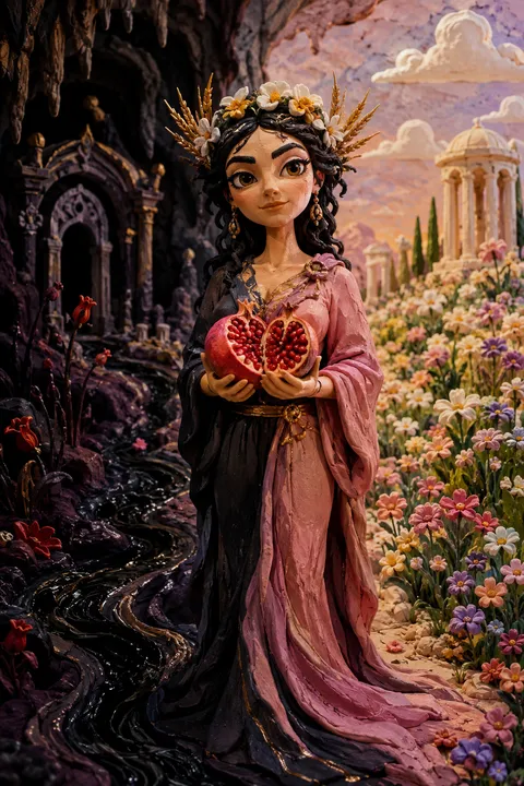 Clay miniatures interpretation of Persephone with a pomegranate and spring flowers beside a cavern.