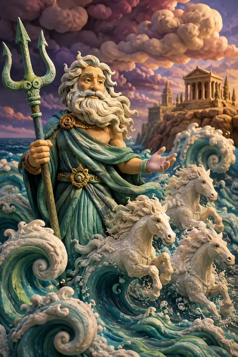 Clay miniatures interpretation of Poseidon with a trident, breaking waves and sea-foam horses.