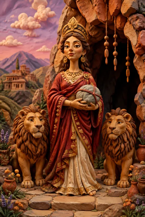 Clay miniatures interpretation of Rhea with lions, a mountain cave and a wrapped stone.